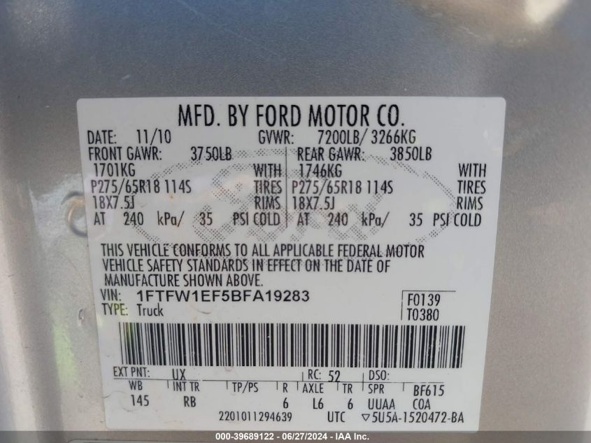 2011 Ford F-150 Supercrew VIN: 1FTFW1EF5BFA19283 Lot: 39689122