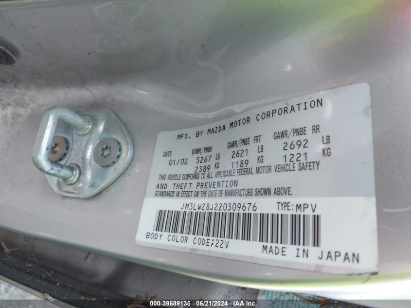 2002 Mazda Mpv Es/Lx VIN: JM3LW28J220309676 Lot: 39689135