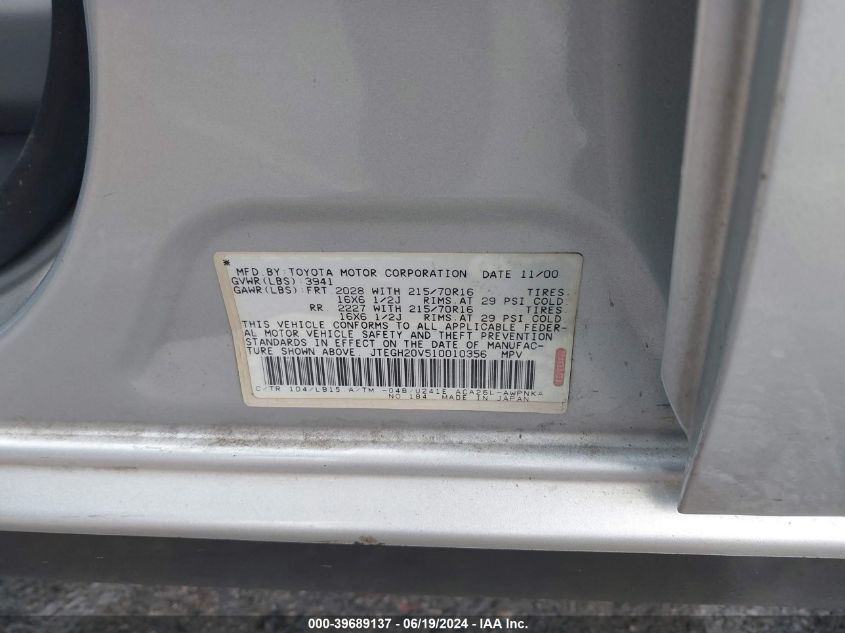 2001 Toyota Rav4 VIN: JTEGH20V510010356 Lot: 39689137