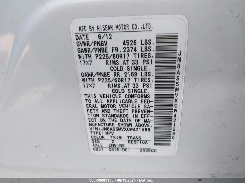 2012 Nissan Rogue S/Sv VIN: JN8AS5MVXCW421599 Lot: 39689138