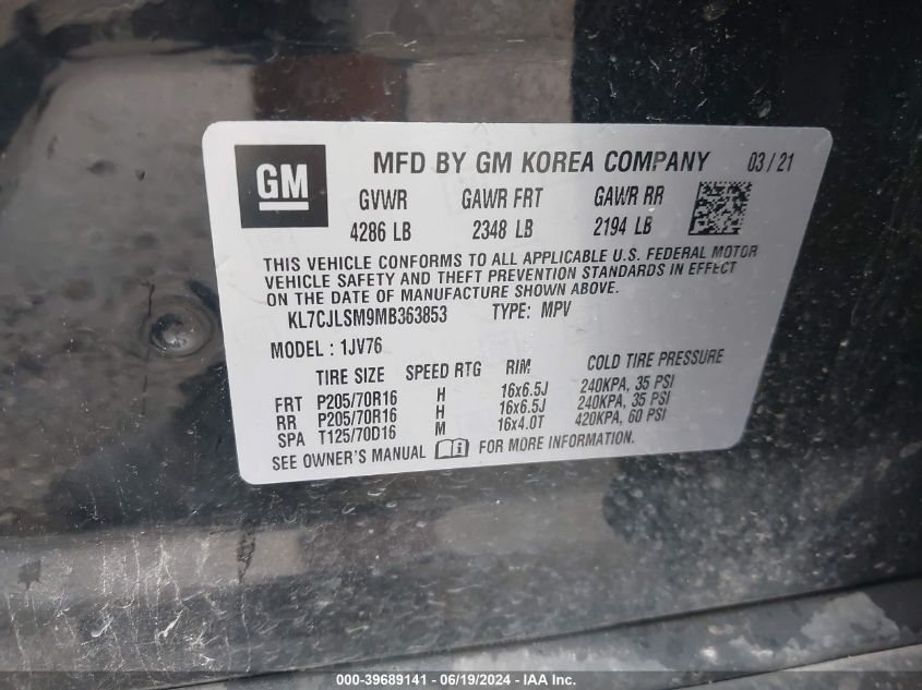 2021 Chevrolet Trax 1Lt VIN: KL7CJLSM9MB363853 Lot: 39689141