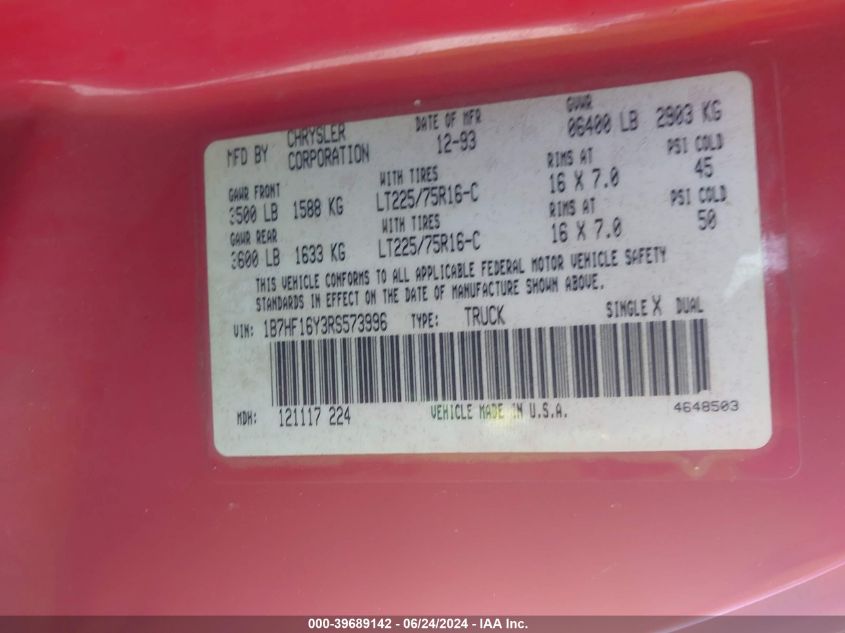 1994 Dodge Ram 1500 VIN: 1B7HF16Y3RS573996 Lot: 39689142