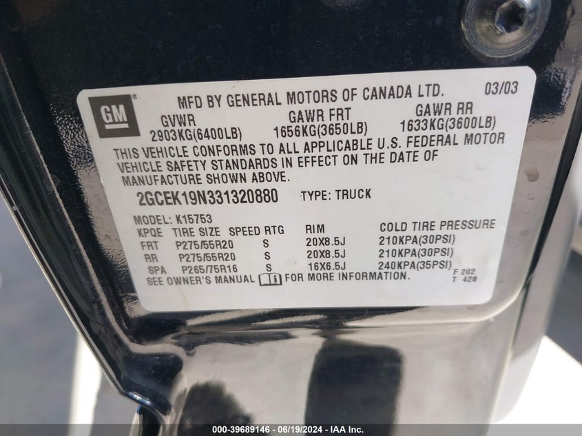 2003 Chevrolet Silverado 1500 K1500 VIN: 2GCEK19N331320880 Lot: 39689146