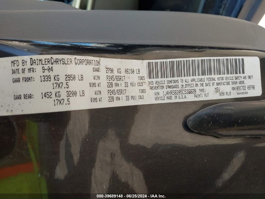 2005 Jeep Grand Cherokee Limited VIN: 1J4HR58205C532828 Lot: 39689148