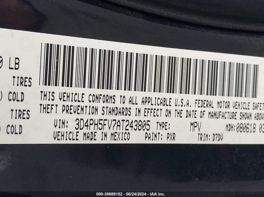 2010 Dodge Journey Sxt VIN: 3D4PH5FV7AT243805 Lot: 39689152