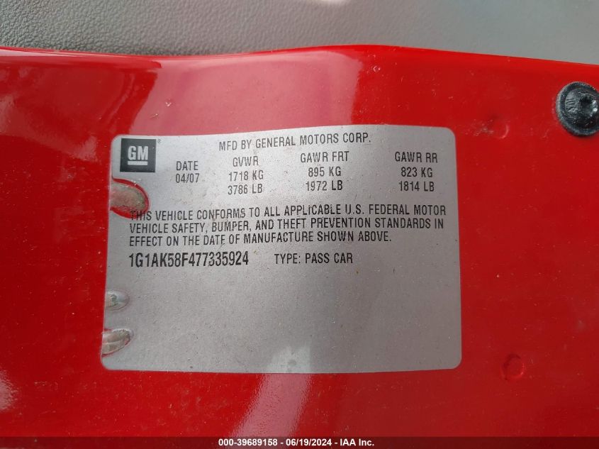 2007 Chevrolet Cobalt Ls VIN: 1G1AK58F477335924 Lot: 39689158