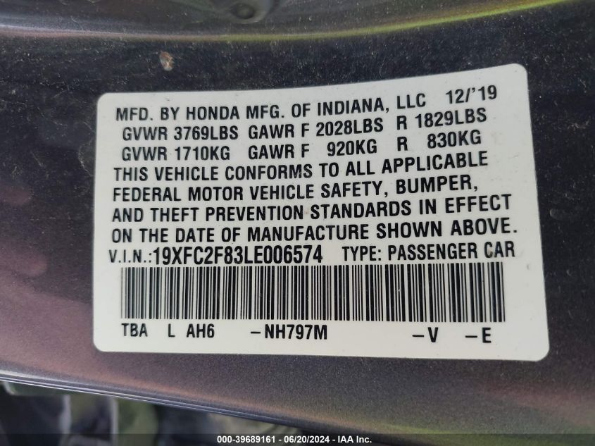 2020 Honda Civic Sport VIN: 19XFC2F83LE006574 Lot: 39689161