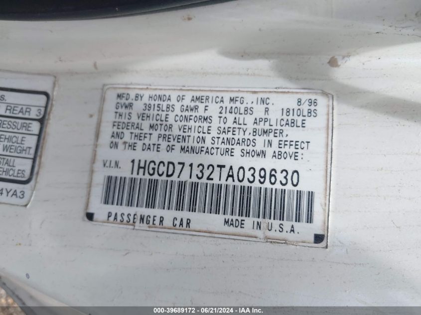 1996 Honda Accord Lx VIN: 1HGCD7132TA039630 Lot: 39689172