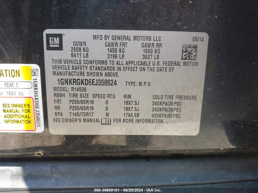 2014 Chevrolet Traverse 1Lt VIN: 1GNKRGKD6EJ358624 Lot: 39689181