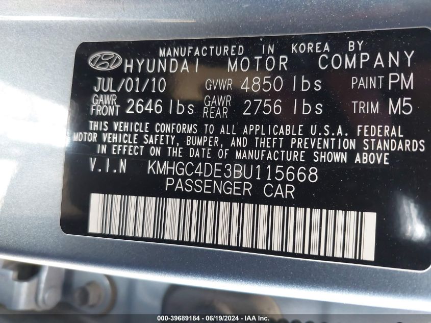 2011 Hyundai Genesis 3.8 VIN: KMHGC4DE3BU115668 Lot: 39689184