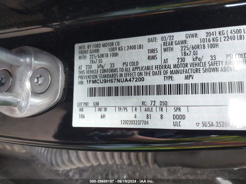 2022 Ford Escape Sel VIN: 1FMCU9H67NUA47200 Lot: 39689187