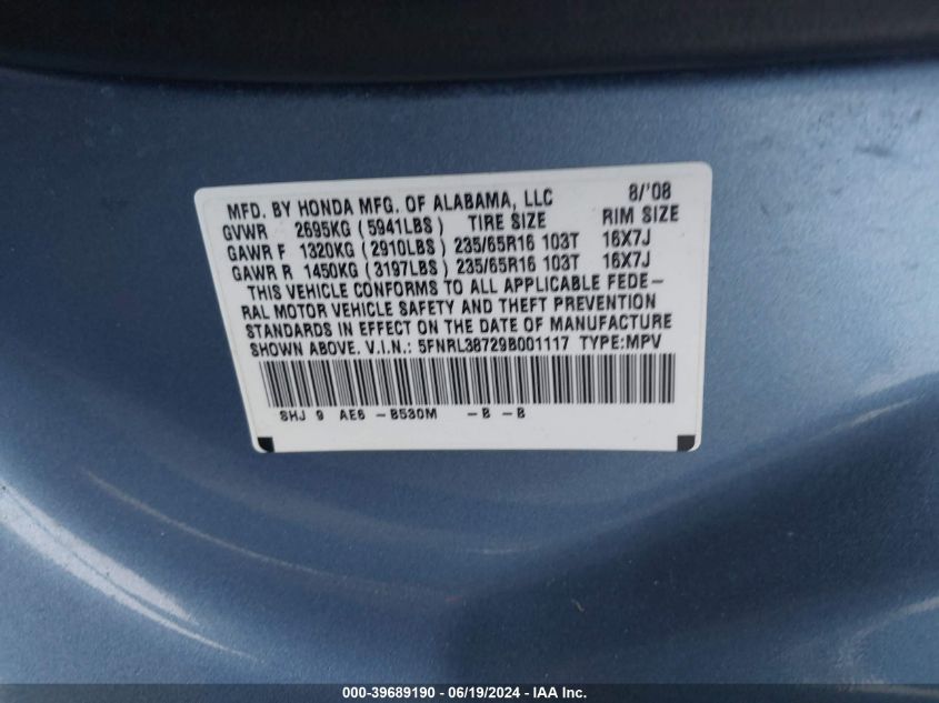 2009 Honda Odyssey Ex-L VIN: 5FNRL38729B001117 Lot: 39689190