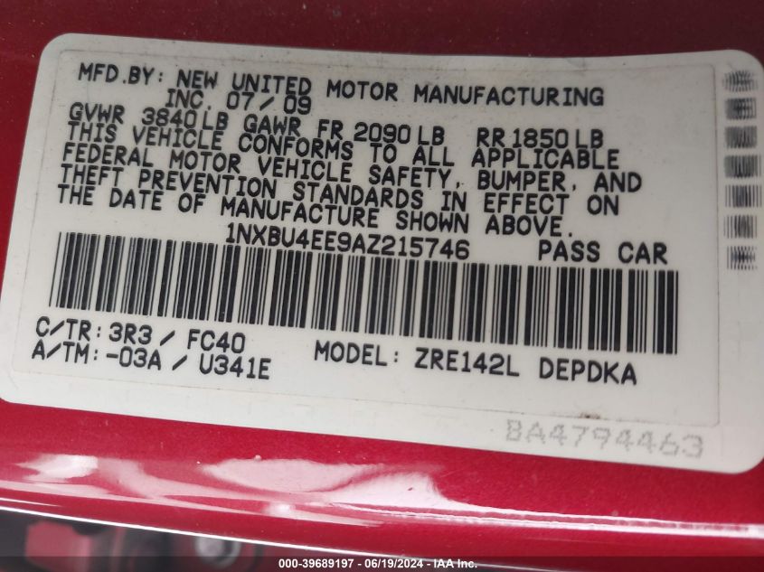 2010 Toyota Corolla Le VIN: 1NXBU4EE9AZ215746 Lot: 39689197