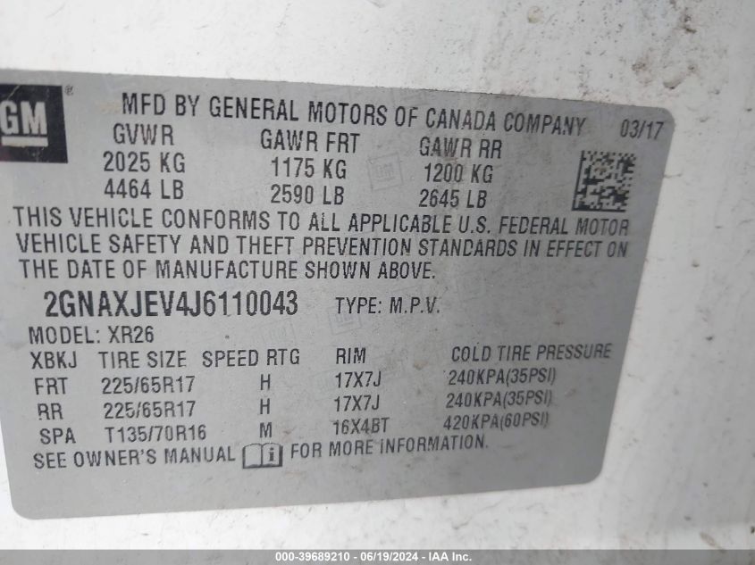 2018 Chevrolet Equinox Lt VIN: 2GNAXJEV4J6110043 Lot: 39689210