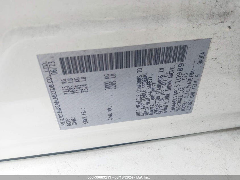 2023 Nissan Maxima Sv Xtronic Cvt VIN: 1N4AA6CV4PC510989 Lot: 39689219