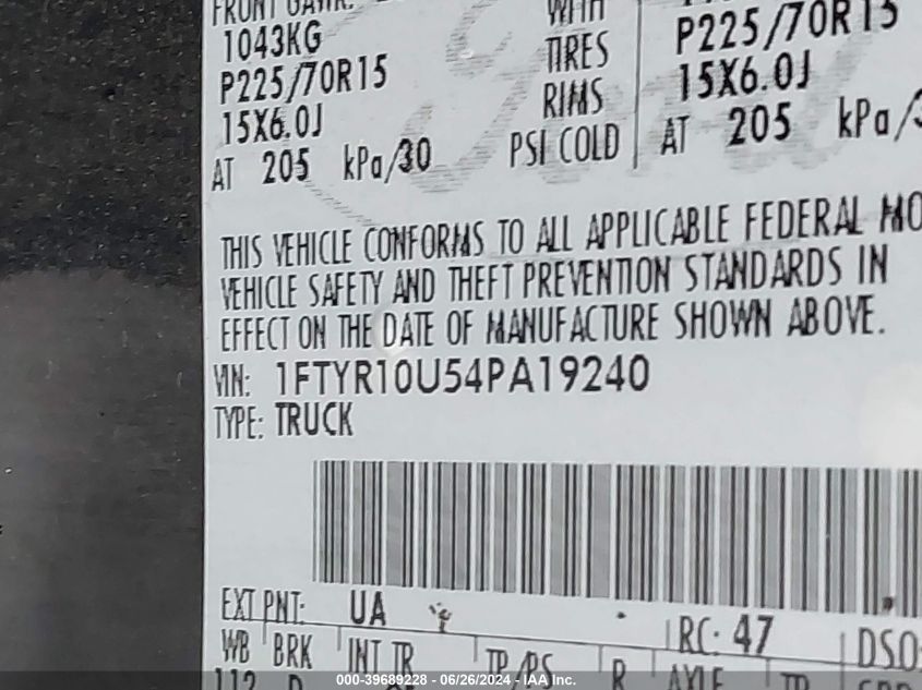 2004 Ford Ranger Edge/Xl/Xlt VIN: 1FTYR10U54PA19240 Lot: 39689228