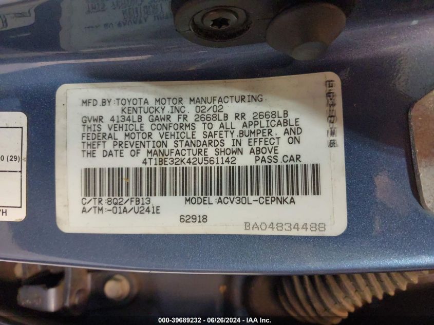 4T1BE32K42U561142 2002 Toyota Camry Le