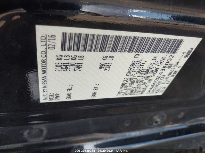 2016 Nissan Maxima 3.5 Platinum VIN: 1N4AA6AP2GC438002 Lot: 39689235