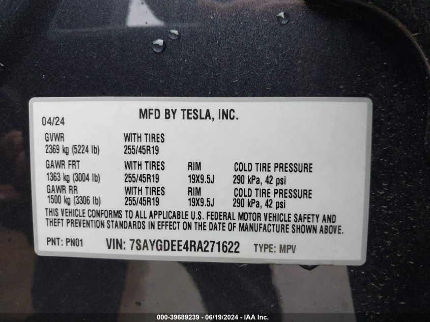 2024 Tesla Model Y Long Range Dual Motor All-Wheel Drive VIN: 7SAYGDEE4RA271622 Lot: 39689239