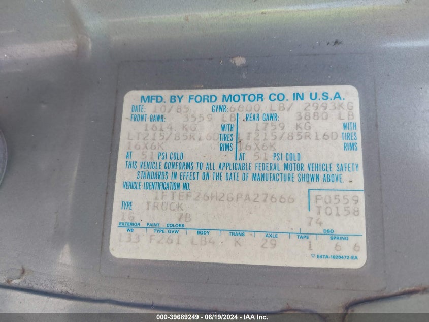 1986 Ford F250 VIN: 1FTEF26H2GPA27666 Lot: 39689249