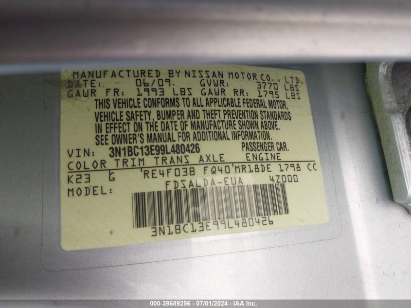 3N1BC13E99L480426 2009 Nissan Versa 1.8S