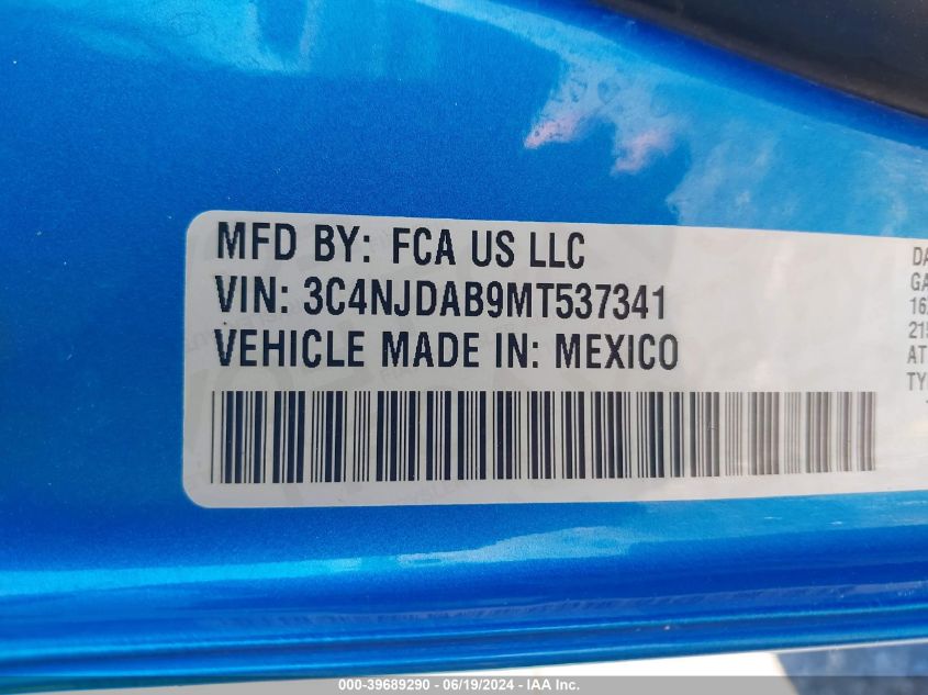2021 Jeep Compass Sport VIN: 3C4NJDAB9MT537341 Lot: 39689290