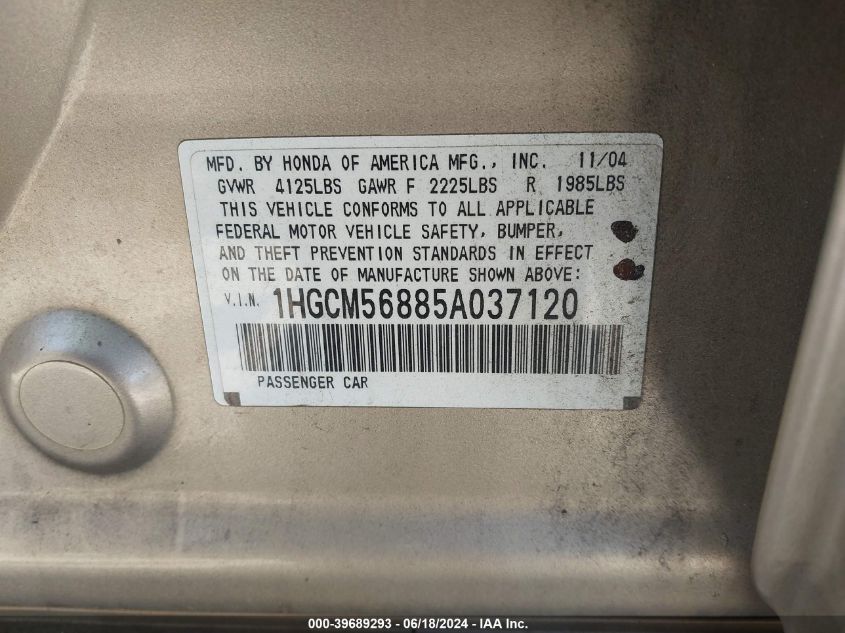 2005 Honda Accord 2.4 Ex VIN: 1HGCM56885A037120 Lot: 39689293