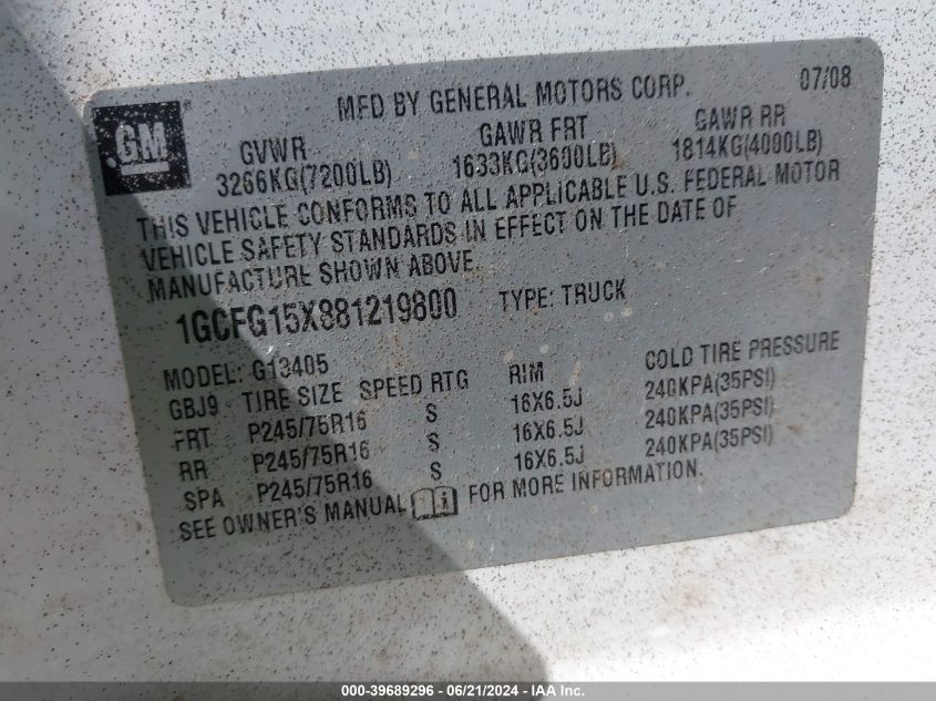 2008 Chevrolet Express Work Van VIN: 1GCFG15X881219800 Lot: 39689296