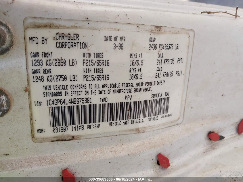 1998 Chrysler Town & Country Lxi VIN: 1C4GP64L4WB675381 Lot: 39689306