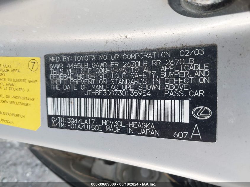 2003 Lexus Es 300 VIN: JTHBF30G730135954 Lot: 39689308