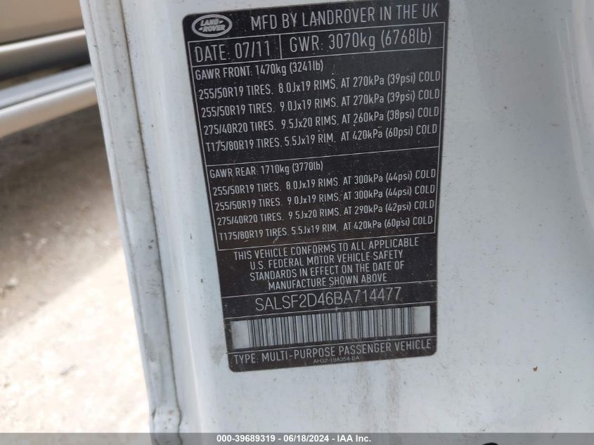 2011 Land Rover Range Rover Sport Hse VIN: SALSF2D46BA714477 Lot: 39689319