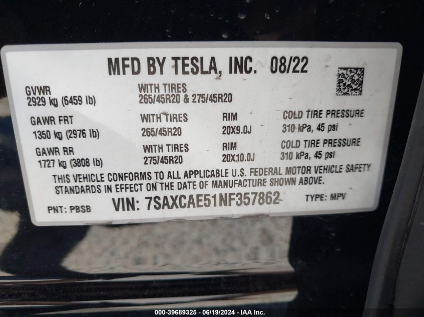 2022 Tesla Model X Dual Motor All-Wheel Drive VIN: 7SAXCAE51NF357862 Lot: 39689325