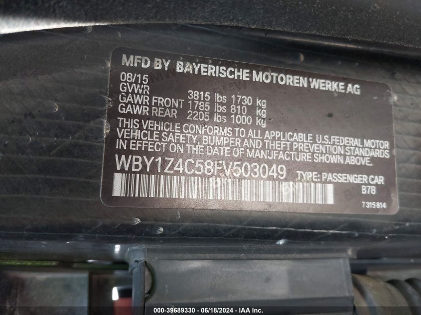 WBY1Z4C58FV503049 2015 BMW I3 Base W/Range Extender