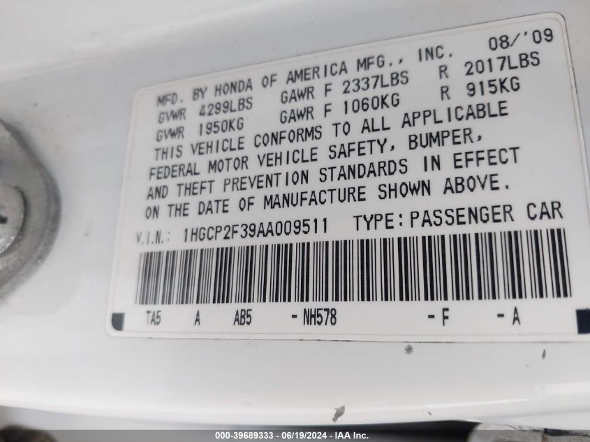 2010 Honda Accord Lx VIN: 1HGCP2F39AA009511 Lot: 39689333