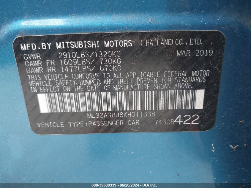 2019 Mitsubishi Mirage Es/Rf VIN: ML32A3HJ8KH011338 Lot: 39689339