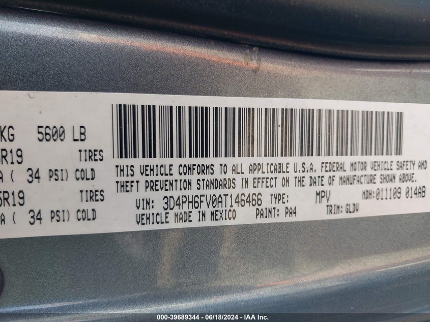 2010 Dodge Journey R/T VIN: 3D4PH6FV0AT146466 Lot: 39689344