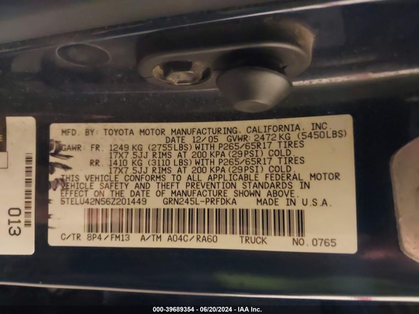 2006 Toyota Tacoma Base V6 VIN: 5TELU42N56Z201449 Lot: 39689354