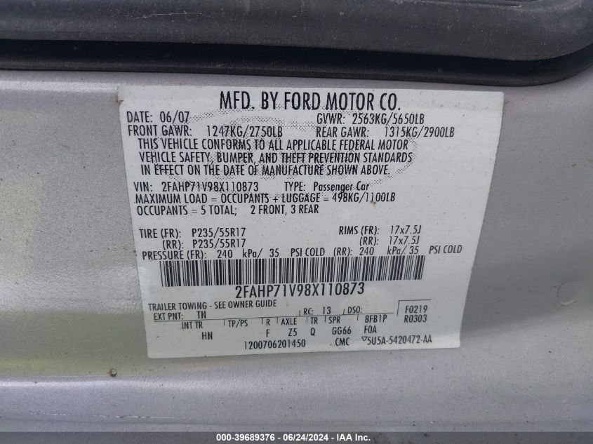 2008 Ford Crown Victoria Police/Police Interceptor VIN: 2FAHP71V98X110873 Lot: 39689376