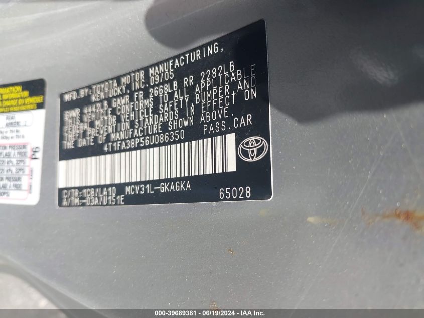 4T1FA38P56U086350 2006 Toyota Camry Solara Sle