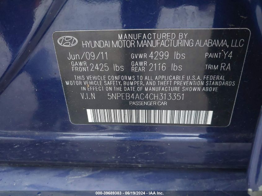 5NPEB4AC4CH313351 2012 Hyundai Sonata Gls