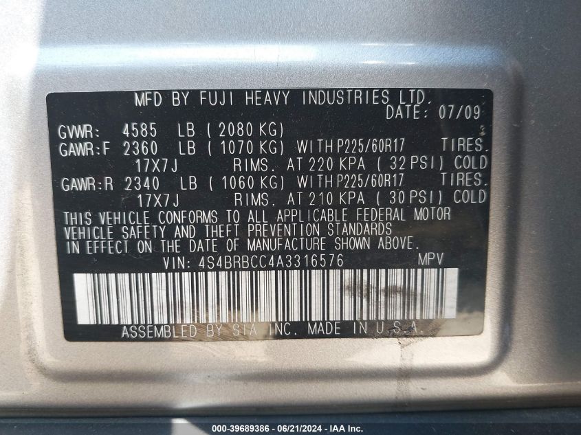 2010 Subaru Outback 2.5I Premium VIN: 4S4BRBCC4A3316576 Lot: 39689386