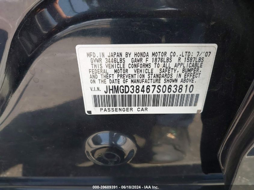 2007 Honda Fit VIN: JHMGD38467S063810 Lot: 39689391