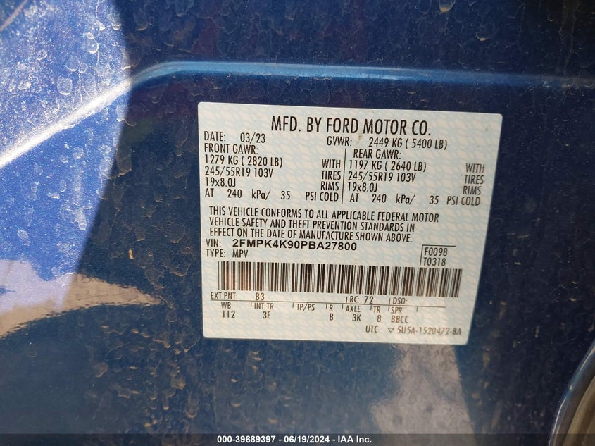 2023 Ford Edge Titanium VIN: 2FMPK4K90PBA27800 Lot: 39689397