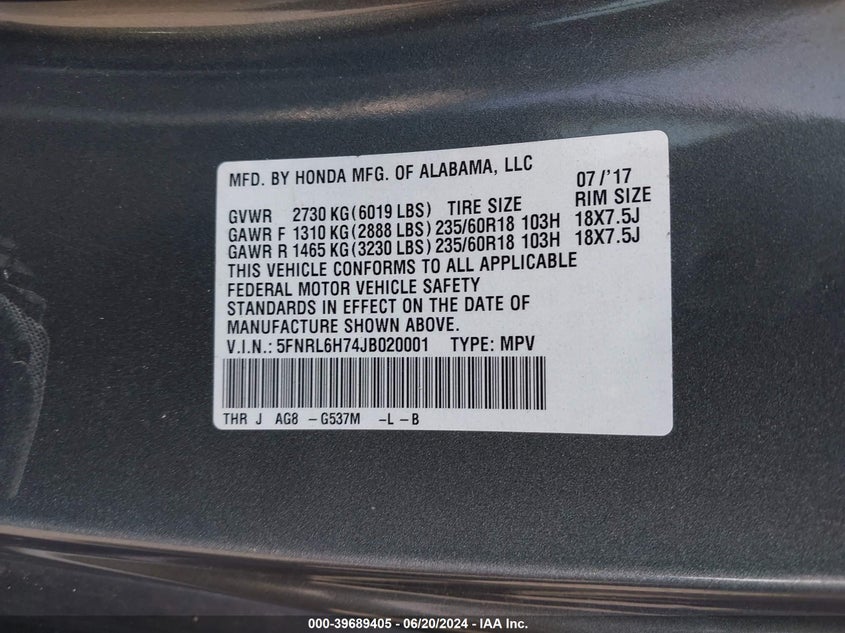 2018 Honda Odyssey Ex-L VIN: 5FNRL6H74JB020001 Lot: 39689405