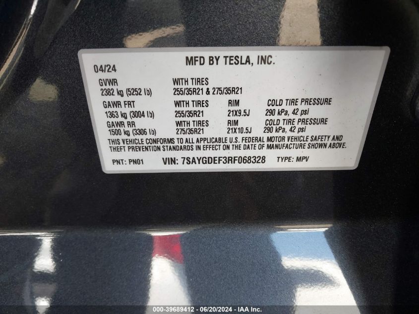 2024 Tesla Model Y Performance Dual Motor All-Wheel Drive VIN: 7SAYGDEF3RF068328 Lot: 39689412