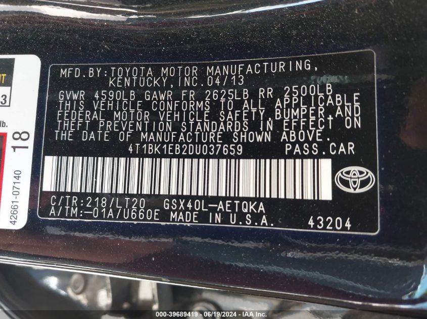 2013 Toyota Avalon Premium/Touring/Limited VIN: 4T1BK1EB2DU037659 Lot: 39689419