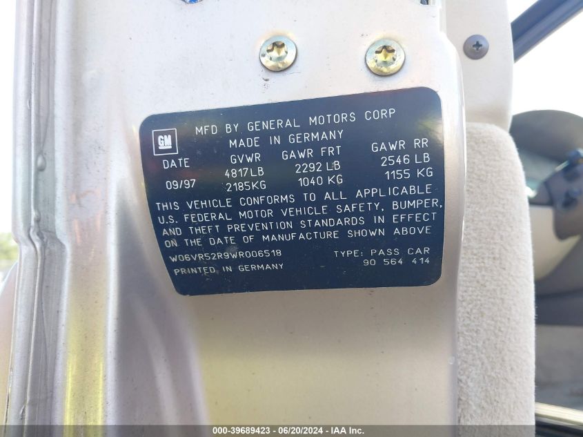 1998 Cadillac Catera VIN: W06VR52R9WR006518 Lot: 39689423