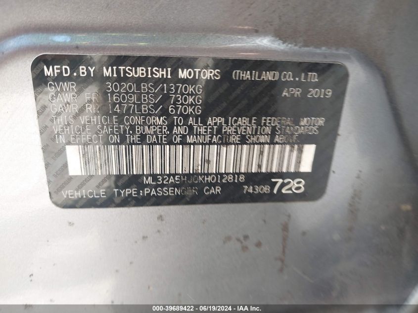 2019 Mitsubishi Mirage Le VIN: ML32A5HJ0KH012818 Lot: 39689422