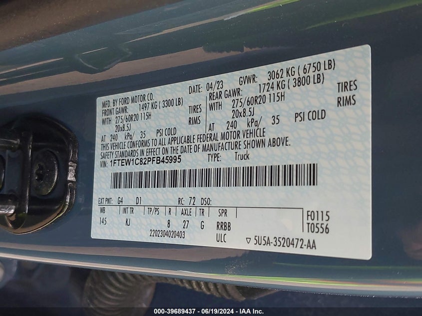 2023 FORD F-150 3.5L V-6 DI, DOHC, V(VIN: 1FTEW1C82PFB45995