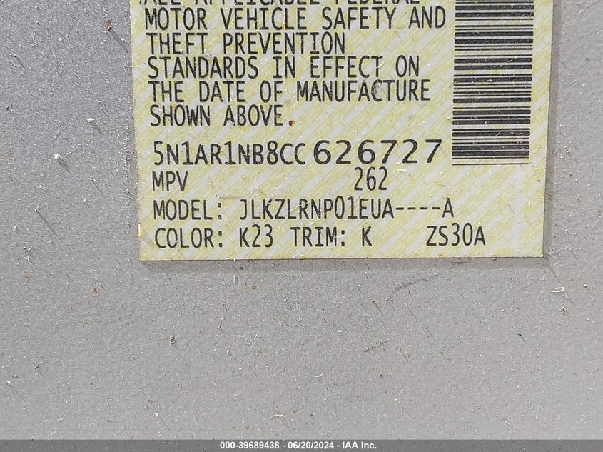 2012 Nissan Pathfinder S VIN: 5N1AR1NB8CC626727 Lot: 39689438